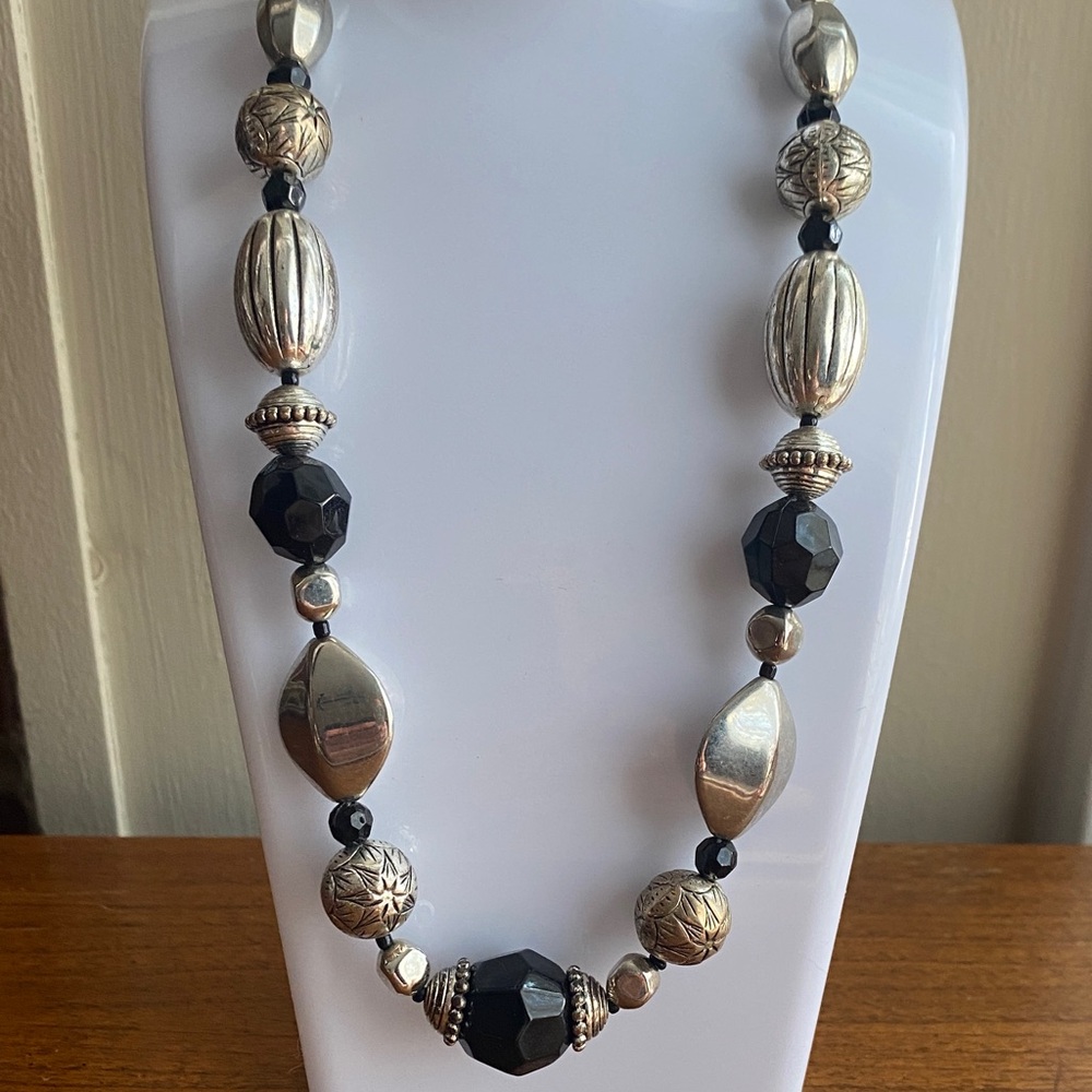 Vintage Silver and Black Beaded Necklace